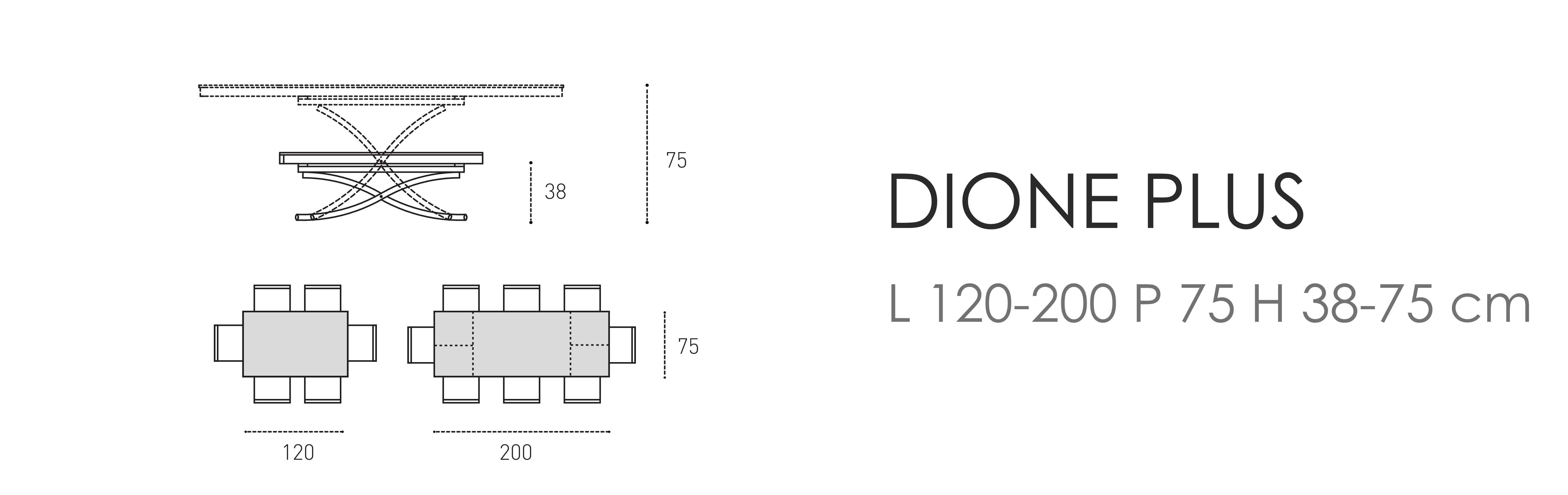 Dione Plus L 120-200 P 75 H 38-75 cm 